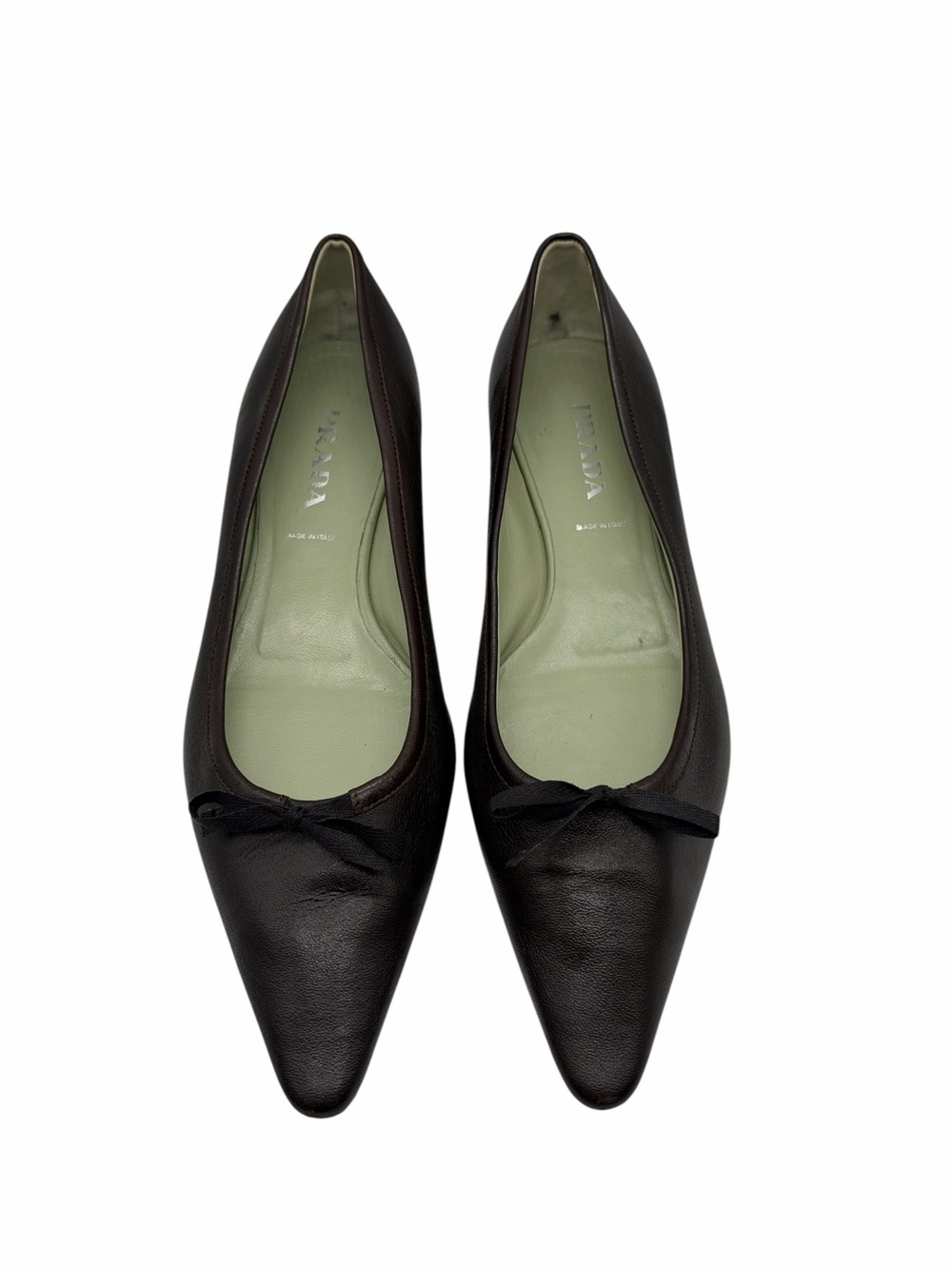 Prada Pointed Toe Leather Bow Flats Chocolate Brown size 38.5